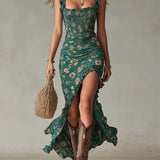 Maxi šaty s potlačou v bohémskom štýle a volánovými rukávmi